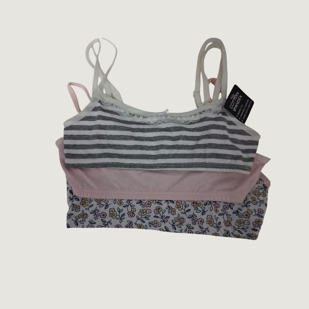 Laura Ashley Girls 3 Pack Cotton Spandex Bralettes Grey Pink Floral Size 28/XS